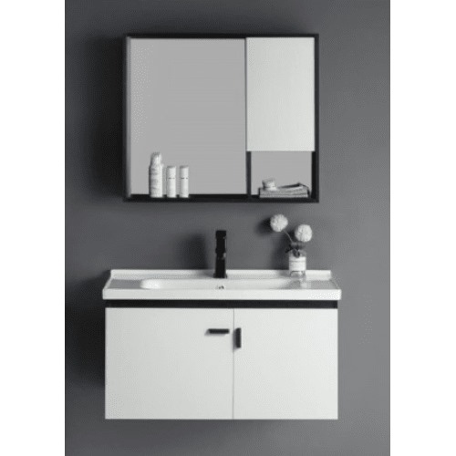 White Washbasin with Wooden Cabinet and Pharmacy Mirror, Size 80 cm | Al Muhaidib Sanitary and Ceramic