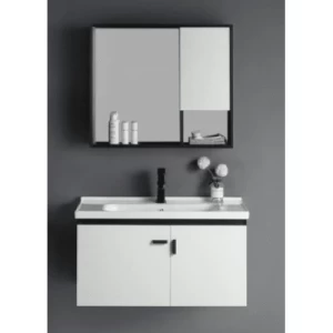 White Washbasin with Wooden Cabinet and Pharmacy Mirror, Size 80 cm | Al Muhaidib Sanitary and Ceramic