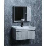 Ceramic Single Basin Washbasin With Wooden Cabinet and Pharmacy With Mirror, Gray Wooden Color, Size 80 cm