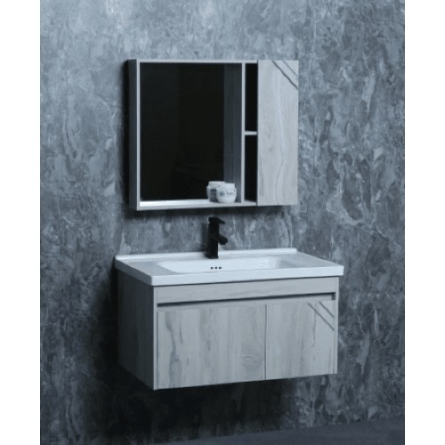Ceramic Single Basin Washbasin 80 cm Gray Wooden Cabinet with Mirror | Al Muhaidib Sanitary and Ceramic