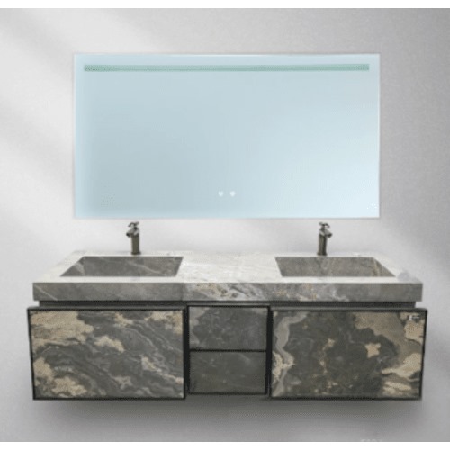 Two Porcelain Basins Decorative Wooden Washbasin with LED Mirror, Plywood, 160x55x30 cm | Zinco Trading Company