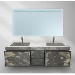 Two Porcelain Basins Decorative Wooden Washbasin, with LED Mirror, Plywood Model, Size 160x55x30 cm