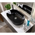 Long Porcelain Counter Wash Basin Boum Model, Dimensions 58×38×14 cm, Matte Black Color