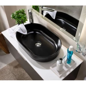 Long Porcelain Counter Wash Basin 58×38×14 cm, Matte Black | Abyat Company