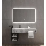 Artificial Marble Washbasin Marble white Color Size 120×50 cm with LED Mirror and black shelves