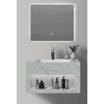 مغسلة رخام صناعي ابيض ذهبي مرخم حوضين مع مرايا ليد 3 الوان مقاس 150 سم