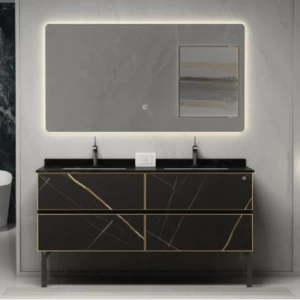 Wooden Cabinet Wash Basin 150×52×58 cm, Single Ceramic Basin with LED Mirrors | Algafary Sanitary ware