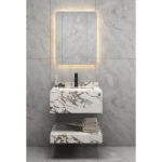 Artificial Marble Decorative Wash Basin Size 60 cm, Normal Basin with LED Mirror, White and Brown Color