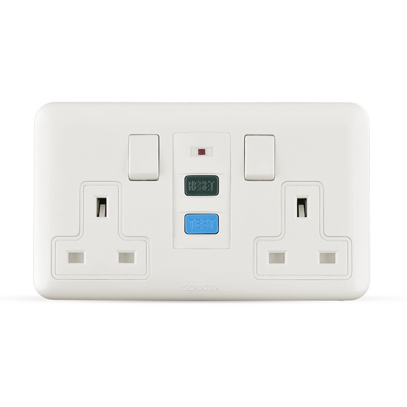 13 Amp RCD Socket 2 Gang with DP Switch, 7x14 cm, White | SPECTRA