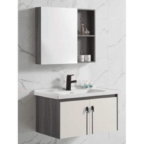 Hand Washbasin with Wooden Cabinet and Pharmacy Mirror 80 cm, Gray White | Al Muhaidib Sanitary and Ceramic