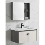 Hand Washbasin With Wooden Cabinet And Pharmacy With Mirror Size 80 cm, Gray White Color