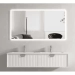 Marble top wash basin double bowl, white color, with wooden cabinet, size 70×120 cm