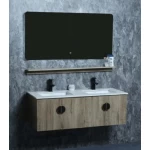 Wooden Wash Basin Double Bowl With Marble Undermount Basin, LED Mirror And Shelf, Size 120 cm, Wooden Color