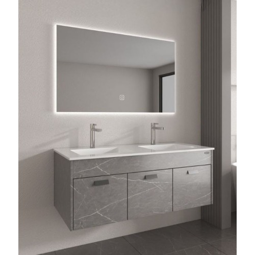 Modern Plywood Double Washbasin Width 120 cm Depth 48 cm Height 50 cm with LED Mirror Dark Grey | Albayt Alaniq Sanitary Tools