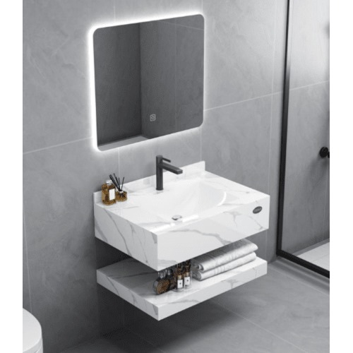 Shiny Artificial Marble Bathroom Wash Basin 80×50×25 cm White, LED Mirrors & Shelf | Albayt Alaniq Sanitary Tools