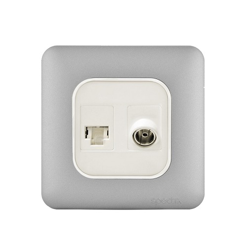 فيش RJ11 6P6C + فيش تليفزيون مائل 7×7 سم، لون فضي فاتح | Spectra