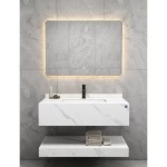 Artificial Marble Normal Basin with LED Mirror 100 cm, White With Lead Veins