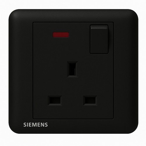 فيش مفرد 13 امبير مع مفتاح تشغيل ومؤشر ضوئي نيون، اسود، 86×86 مم، 250 فولت | Siemens (Delta Seata)