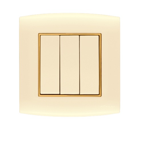 Electrical Light Switch 3 Gang 2 Way 10 Amp 7×7 cm Beige with Gold Ring | Al Fanar