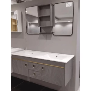 Marble Surface Ceramic Wash Basin Double Bowl 120 cm, Dark Gray with Wooden Cabinet | Al Muhaidib Sanitary and Ceramic