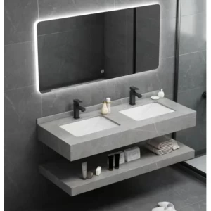 Double Basin Artificial Marble Bathroom Washbasin 140×50 cm Grey with LED Mirror | Albayt Alaniq Sanitary Tools