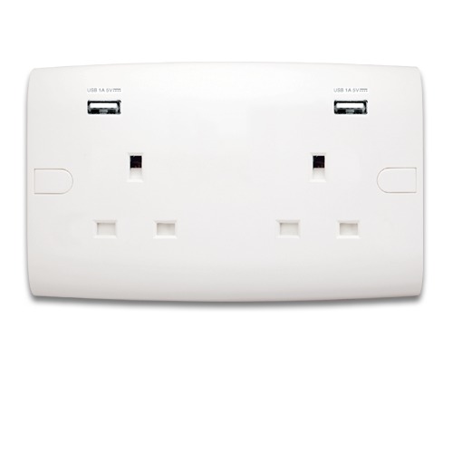 Electrical Switch Socket 2 Gang with USB Charger 13 Amp 7x14 cm White | Al Fanar
