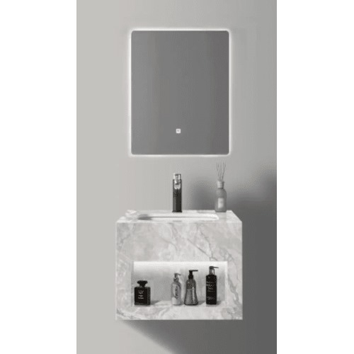 Artificial Marble Sink Single Basin 50 cm, Marbled Gray with 3 Color LED Mirror | Al Muhaidib Sanitary and Ceramic