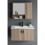 Single Basin Washbasin With Wooden Cabinet And Pharmacy With Mirror Size 60 cm, Wooden Beige Color