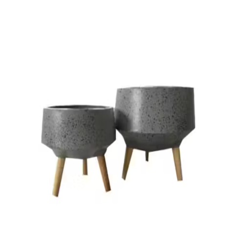 Fiberglass Gray Plant Pot 37×37×20 cm with Wooden Stand | Zahrat Al Rayyan Establishment
