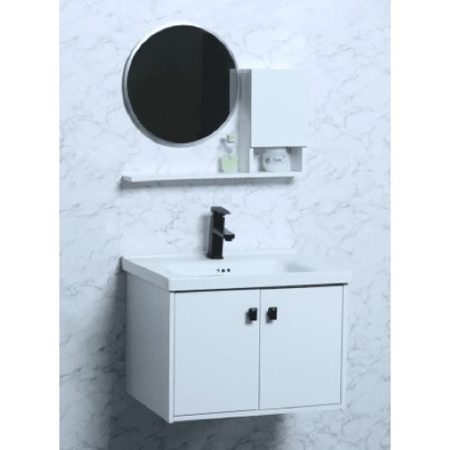 Ceramic Decorative Washbasin 80 cm White with Wooden Cabinet and Normal Mirror | Al Muhaidib Sanitary and Ceramic