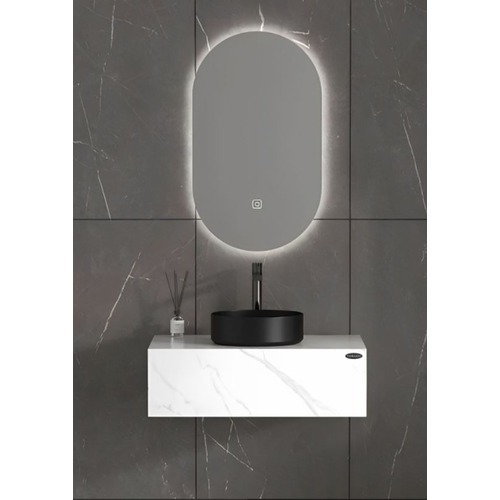 Artificial Marble Decorative Washbasin Two Piece 60 cm, Width 50 cm, Depth 25 cm, White with LED Mirror | Albayt Alaniq Sanitary Tools