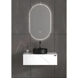 Artificial Marble Decorative Washbasin Two Piece 60 cm, Width 50 cm, Depth 25 cm, White with LED Mirror | Albayt Alaniq Sanitary Tools