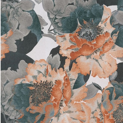 Floral Wallpaper 10m x 0.53m Grey with Orange, Glass House Model | Abyat Company