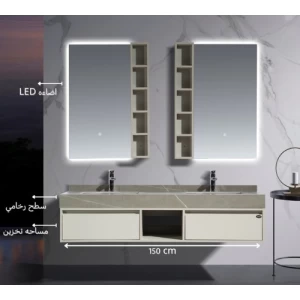 مغسلة ديكور خشب بلايوود حوضين 150x50 سم، رمادي مع مرايا ليد | البيت الانيق للادوات الصحية