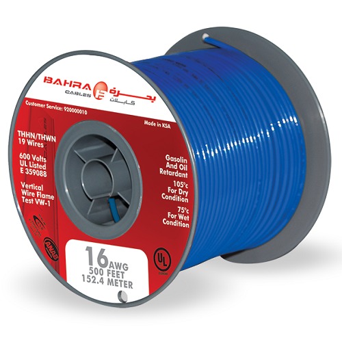 BAHRA 16 AWG THHN American Electric Wire, 600V, Stranded Copper PVC Insulated, Nylon Jacket, Blue | Bahra Cables