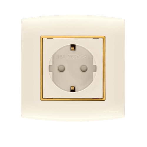 Schuko Socket With Shutter 1 Gang 16 Amp 7x7 cm Beige with Gold Ring | Al Fanar
