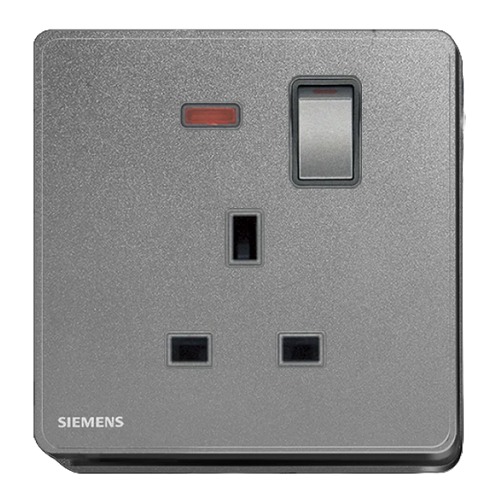 فيش مفرد 13 امبير مع مفتاح تشغيل ومؤشر ضوئي نيون 86×86 مم، رمادي داكن | Siemens (Delta Arina)