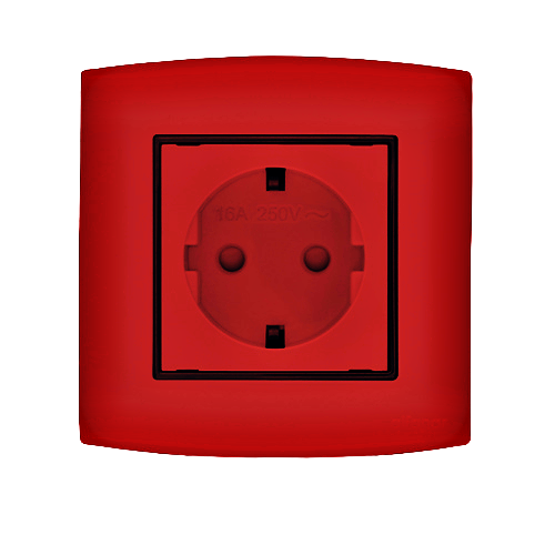 Schuko Socket With Shutter 1 Gang 16 Amp Omnia Size 7x7 cm Red with Black Ring | Al Fanar