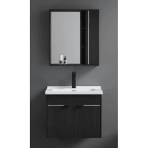 Ceramic Single Basin Washbasin 80 cm with Wooden Cabinet and Mirror, Dark Gray | Al Muhaidib Sanitary and Ceramic