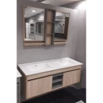 Marble Surface Ceramic  Wash Basin Double Bowl Size 120 cm, Gray Wooden Color with Wooden Cabinet