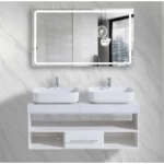 Marble Surface Ceramic Wash Basin Double Bowl Size 120 cm, White with Wooden Cabinet