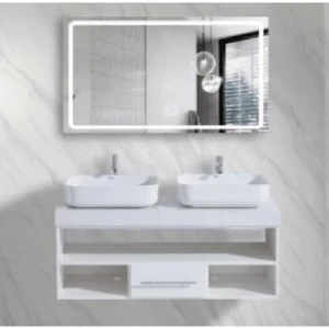 Marble Surface Ceramic Wash Basin Double Bowl 120 cm, White with Wooden Cabinet | Al Muhaidib Sanitary and Ceramic