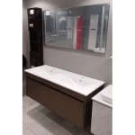 Marble Surface Ceramic Bathroom WashBasin Double Bowl Size 60 cm, Dark wood Color with Wooden Cabinet
