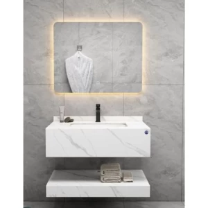 Artificial Marble Normal Basin 80 cm White With Lead Veins, LED Mirror | Algafary Sanitary ware