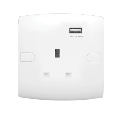 Electrical Switch Socket With USB Charger 13 Amp 7x7 cm White | Al Fanar