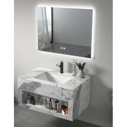 Modern Artificial Marble Bathroom Wash Basin 80×50 cm White on Grey | Albayt Alaniq Sanitary Tools