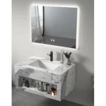 Modern Artificial Marble Bathroom Wash Basin With LED Mirrors and Shelf, Size 80×50 cm, White on grey Color