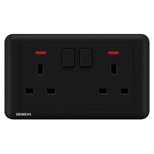 13A Twin Gang Switched Socket with Neon Indicator, Black, 86×146 mm, 250V | Siemens (Delta Seata)