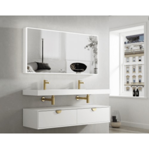 Decorative Wooden Washbasin Two Basins 150x46x25 cm, LED Mirror | Algafary Sanitary ware