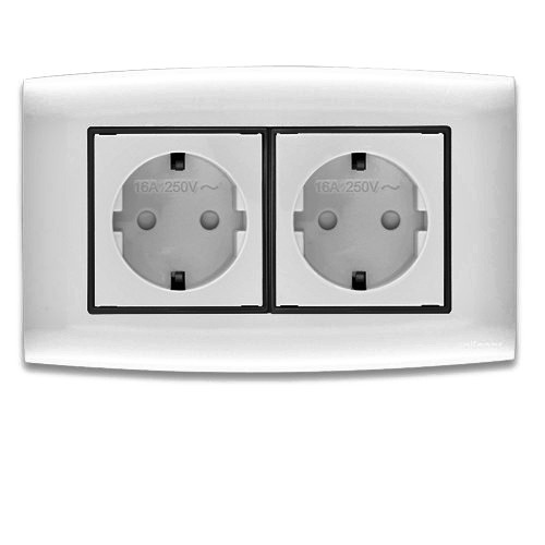 Schuko Socket With Shutter 2 Gang 16 Amp 7x14 cm Silver with Black Ring | Al Fanar
